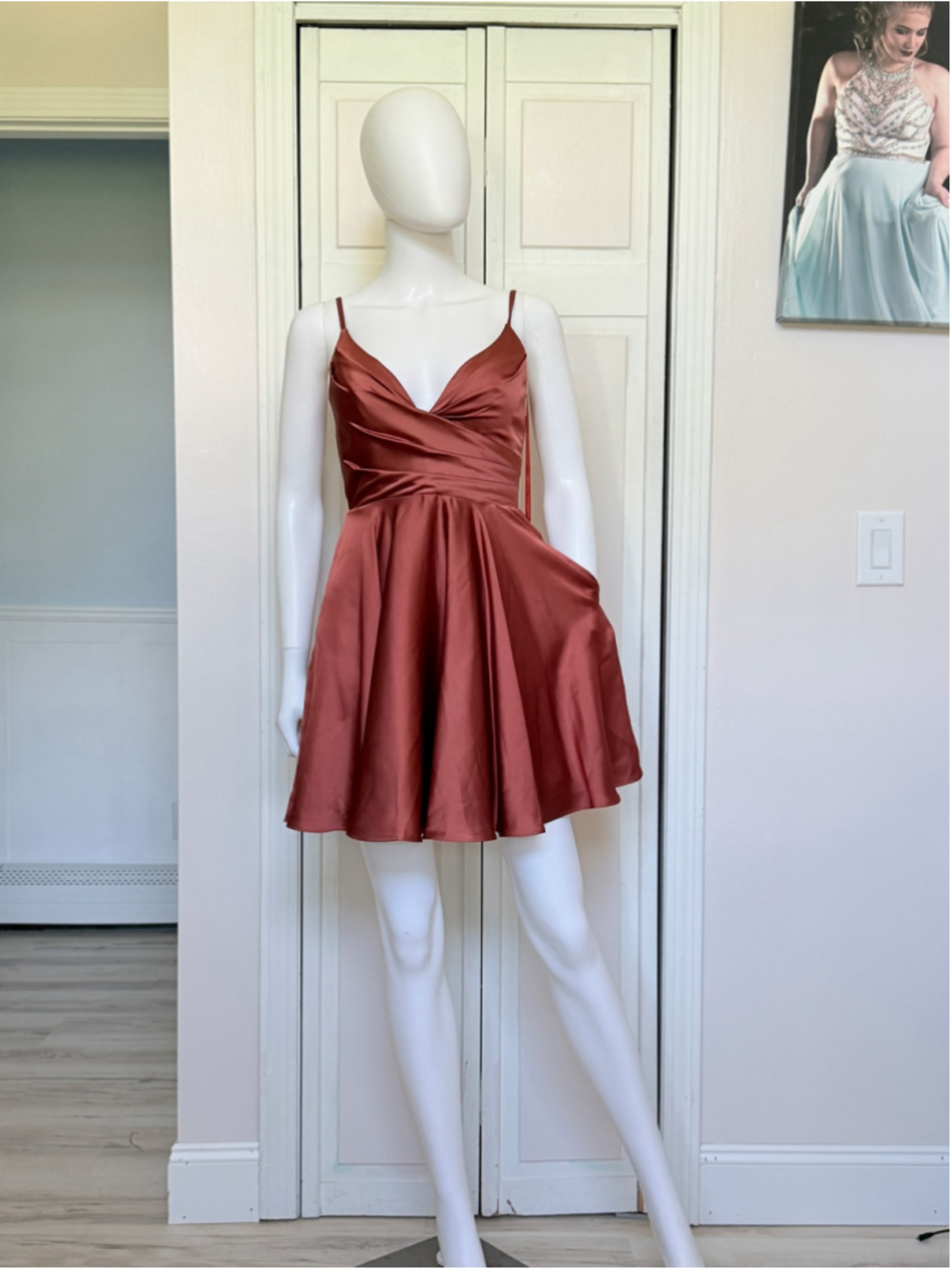 Size 2 Amelia Burnt Orange Rust Satin Aline Pockets Homecoming Bridesmaid Hoco